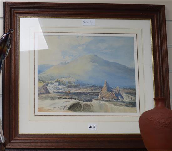 19th century English School, watercolour, Coastal scene with mountains beyond, 30 x 37cm